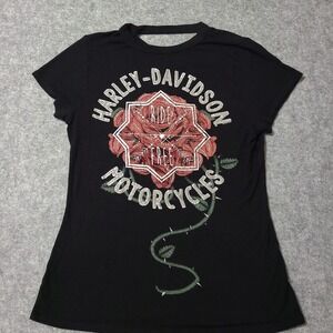 Harley‎ Davidson Graphic Tee Women Medium Black Rose Rhinestone Cutout